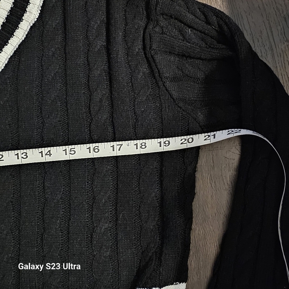 ELODIE Varsity Cable Knit V- neck Sweater In Black White - Picture 7 of 9